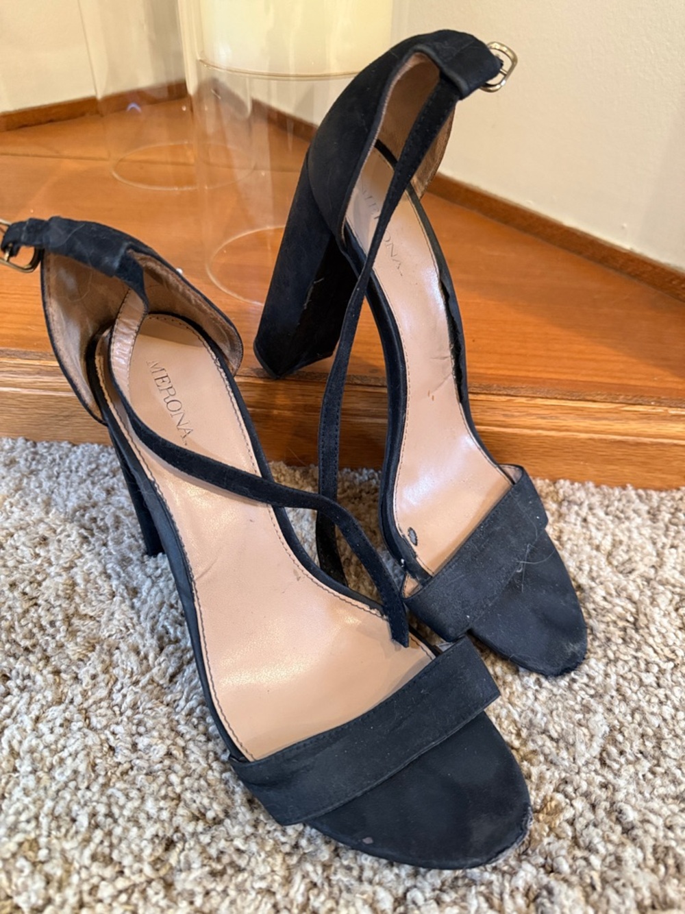 Merona Black Suede Strappy Block Heel Sandals